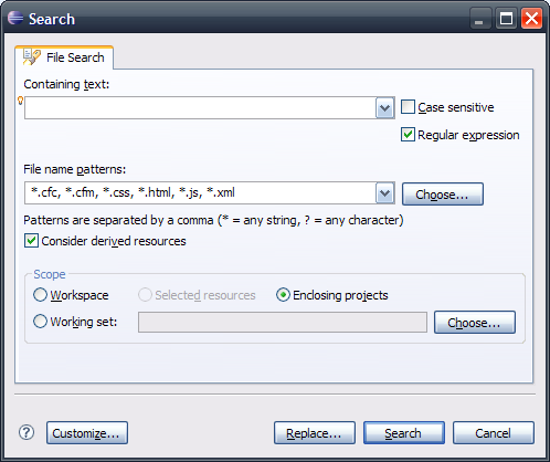 Eclipse search dialog